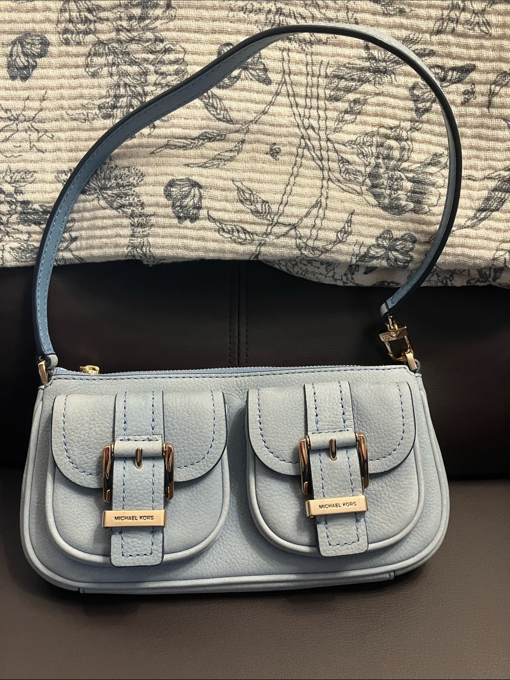 Michael Kors Powder Blue Pebbled Leather Shoulder Bag with Dual Buckle Pockets